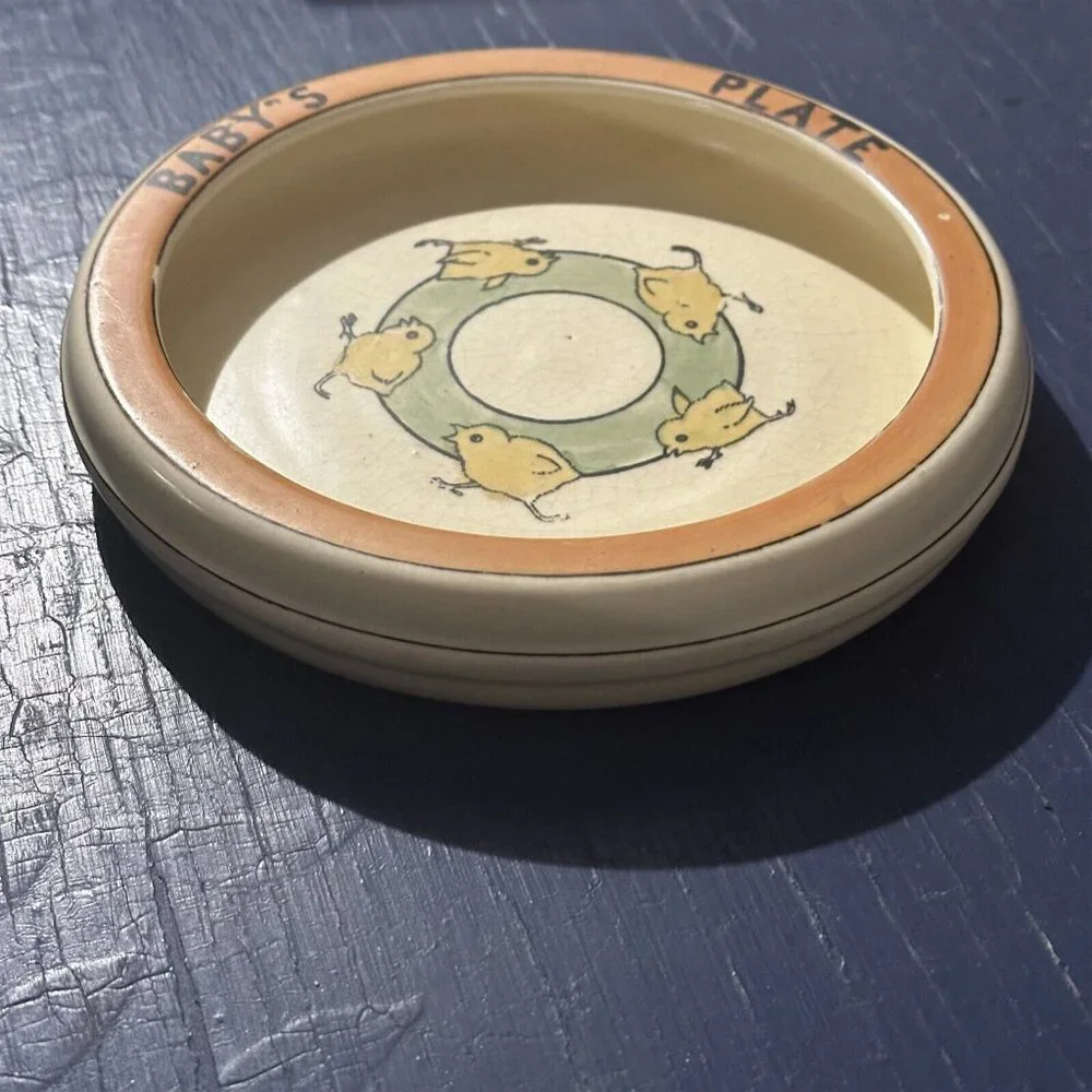 Roseville Pottery Baby's Plate Creamware Ducks Chicks Circa 1920 Rolled Edge